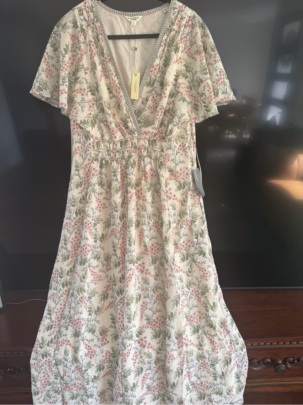 Max Studio Cream Maxi Dress with Pink Floral Print